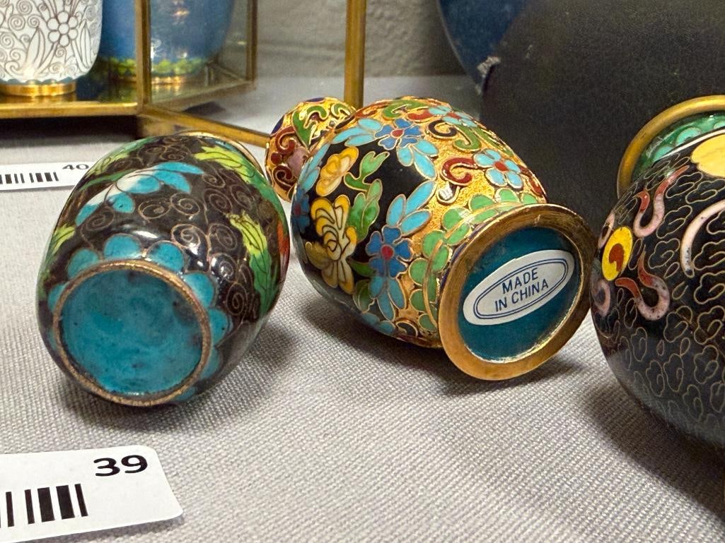 COLLECTION OF 17 MINIATURE CLOISONNE ENAMELED CHINESE BUD VASES WITH MIRRORED GLASS CABINET - 11