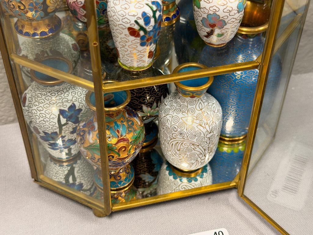 COLLECTION OF 17 MINIATURE CLOISONNE ENAMELED CHINESE BUD VASES WITH MIRRORED GLASS CABINET - 12