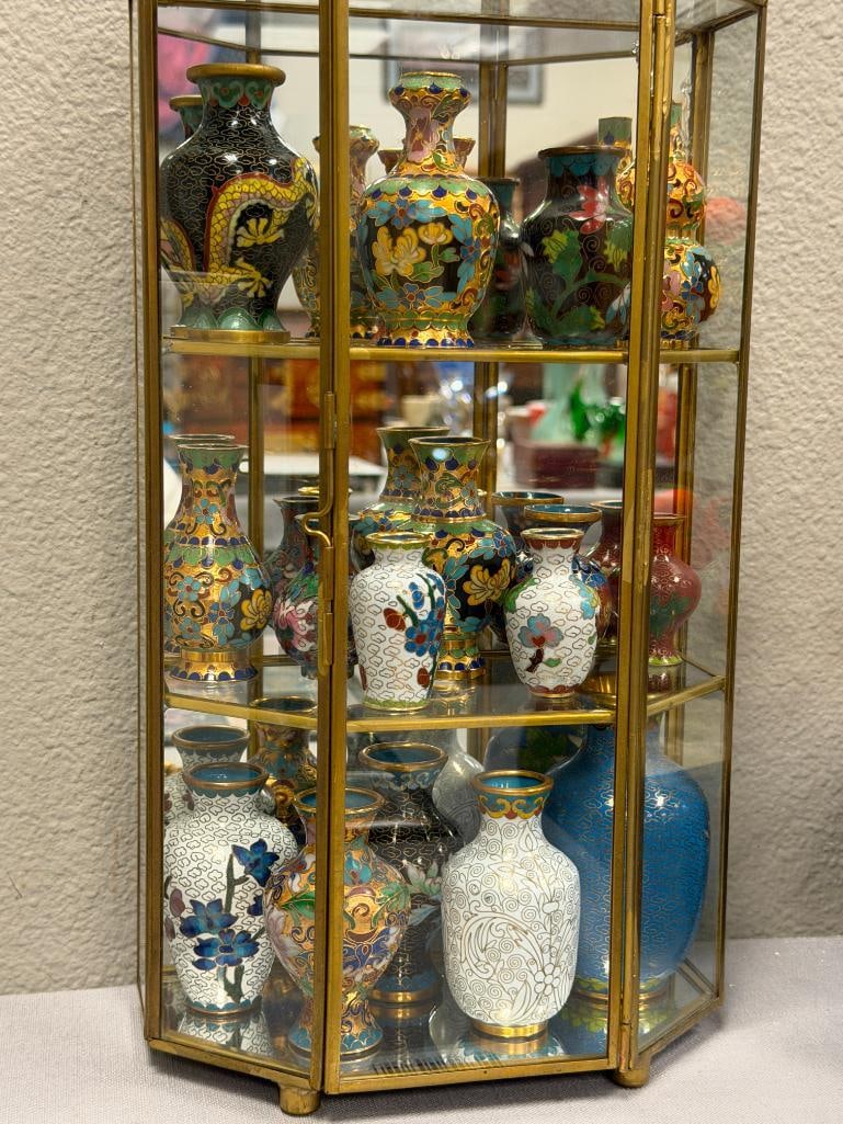 COLLECTION OF 17 MINIATURE CLOISONNE ENAMELED CHINESE BUD VASES WITH MIRRORED GLASS CABINET - 2