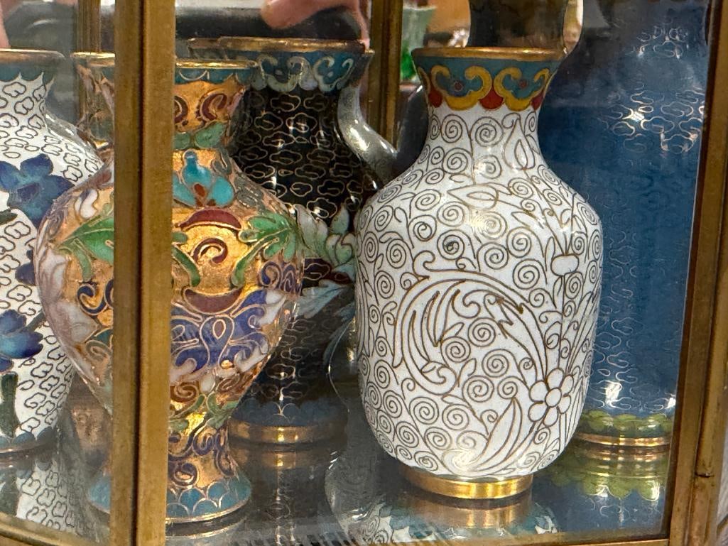 COLLECTION OF 17 MINIATURE CLOISONNE ENAMELED CHINESE BUD VASES WITH MIRRORED GLASS CABINET - 7