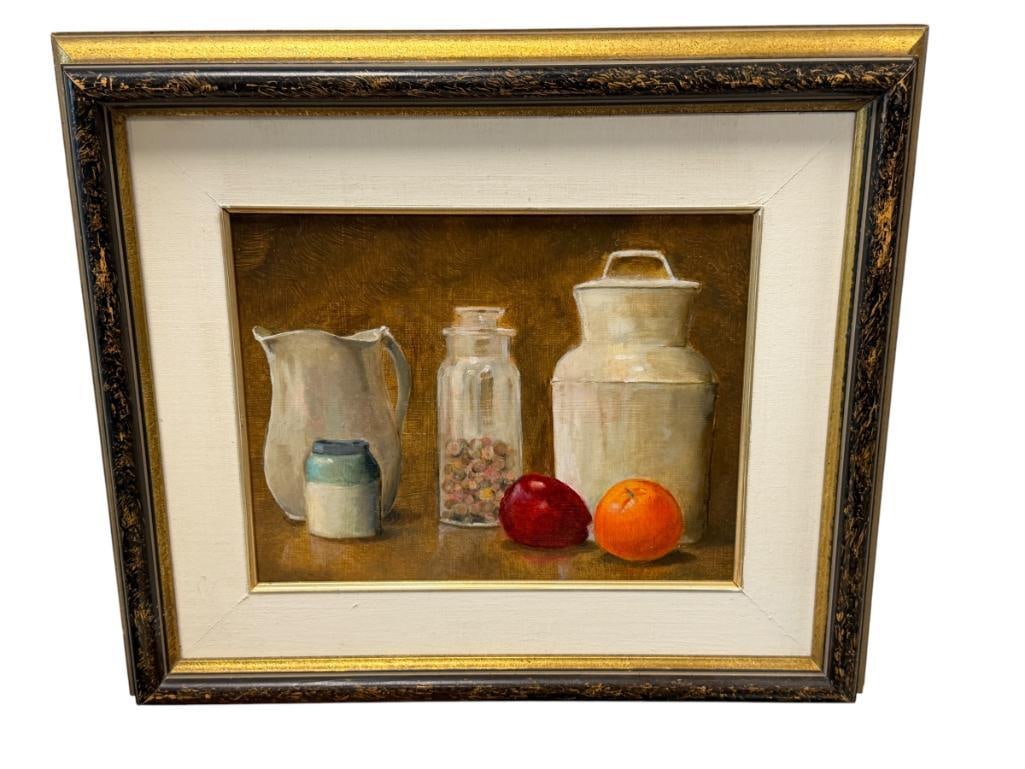GUNNAR ANDERSON CALIFORNIA ARTIST ORIGINAL OIL ON BOARD STILL-LIFE: GUNNAR ANDERSON (1927-2022) WAS A NORTHERN CALIFORNIA ARTIST KNOWN FOR HIS PAINTINGS OF CHILDREN, ART DEPICTS STILL-LIFE OF A COUNTER WITH FRUIT AND JARS, FRAMED 20 1/2" X 17 1/2" FRAME
