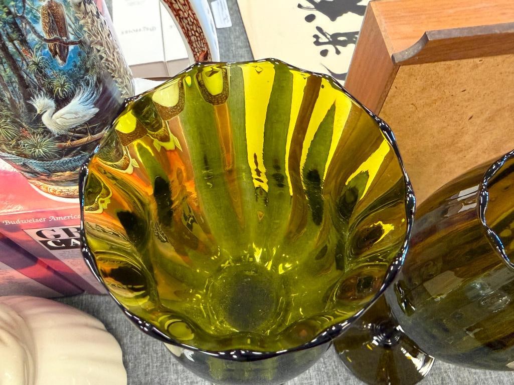 VINTAGE EMPOLI HUNTER / OLIVE / AVOCADO GREEN GLASS PEDESTAL VOTIVE / VASES - 12