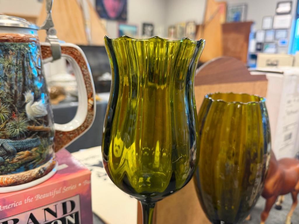 VINTAGE EMPOLI HUNTER / OLIVE / AVOCADO GREEN GLASS PEDESTAL VOTIVE / VASES - 13