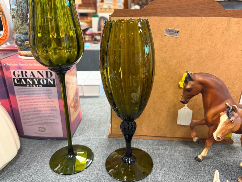 VINTAGE EMPOLI HUNTER / OLIVE / AVOCADO GREEN GLASS PEDESTAL VOTIVE / VASES - 3