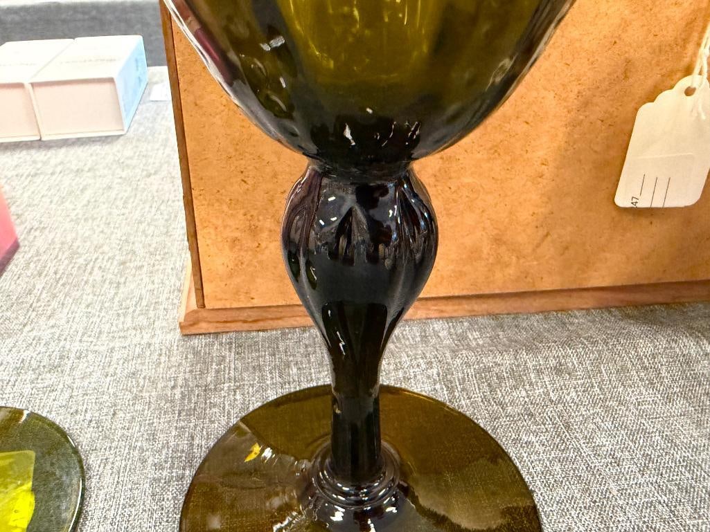 VINTAGE EMPOLI HUNTER / OLIVE / AVOCADO GREEN GLASS PEDESTAL VOTIVE / VASES - 5