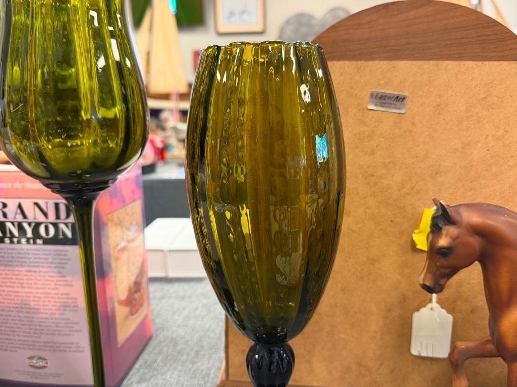 VINTAGE EMPOLI HUNTER / OLIVE / AVOCADO GREEN GLASS PEDESTAL VOTIVE / VASES - 6