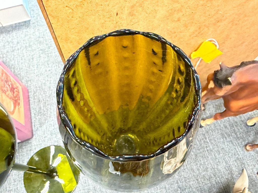 VINTAGE EMPOLI HUNTER / OLIVE / AVOCADO GREEN GLASS PEDESTAL VOTIVE / VASES - 7