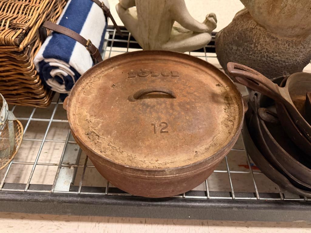 SEVEN ASSORTED CAST IRON COOKWARE PIECES INCLUDING SKILLETS AND LODGE #12 DUTCH OVEN - 3