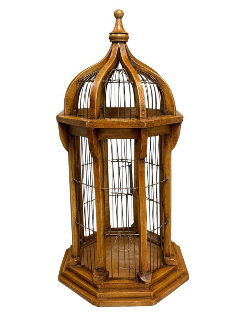 VINTAGE WOOD AND METAL WIRE ARCHITECTURAL BIRD CAGE WITH OCTAGONAL BASE AND DOMED TOP (1 of 8)
