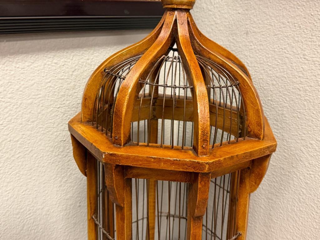 VINTAGE WOOD AND METAL WIRE ARCHITECTURAL BIRD CAGE WITH OCTAGONAL BASE AND DOMED TOP - 2