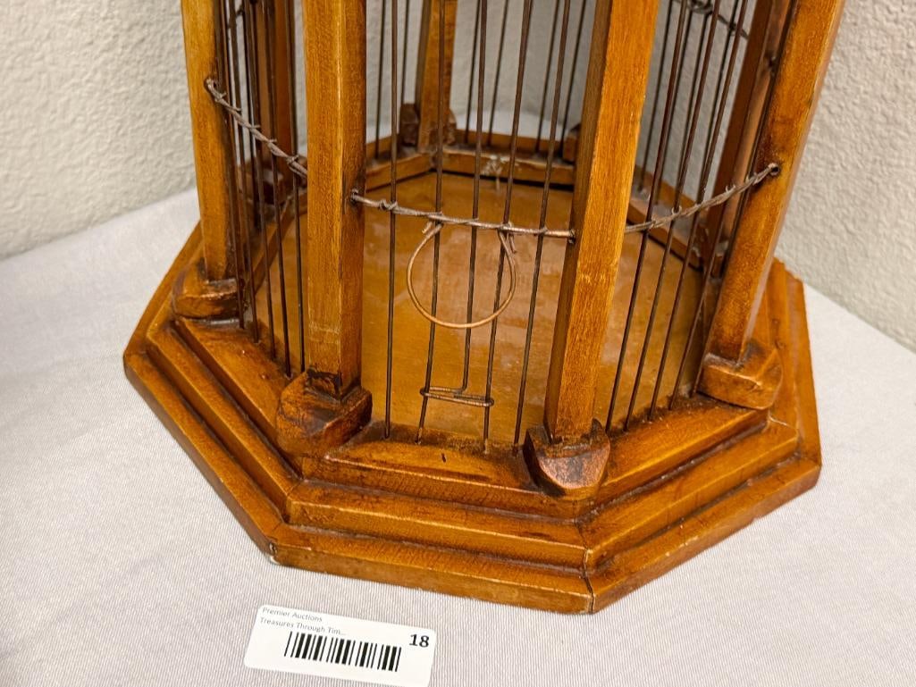 VINTAGE WOOD AND METAL WIRE ARCHITECTURAL BIRD CAGE WITH OCTAGONAL BASE AND DOMED TOP - 3