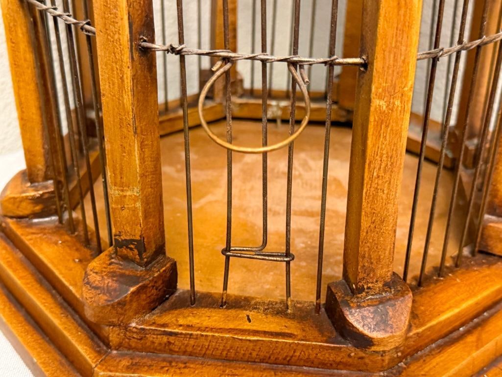 VINTAGE WOOD AND METAL WIRE ARCHITECTURAL BIRD CAGE WITH OCTAGONAL BASE AND DOMED TOP - 4