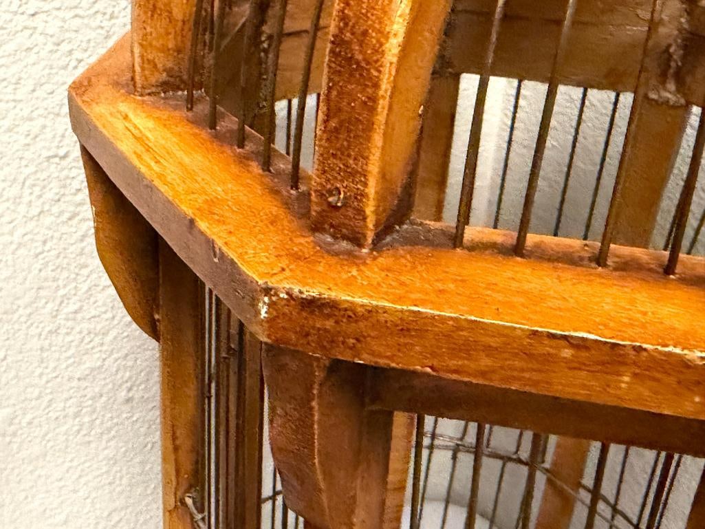 VINTAGE WOOD AND METAL WIRE ARCHITECTURAL BIRD CAGE WITH OCTAGONAL BASE AND DOMED TOP - 5