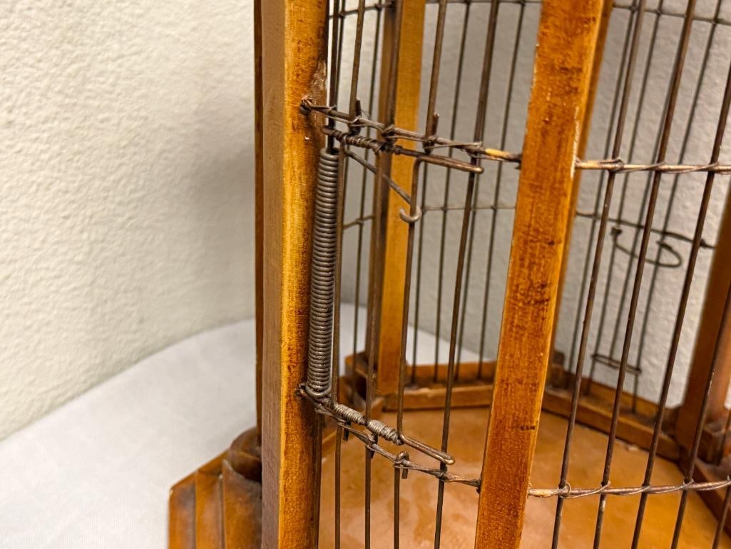 VINTAGE WOOD AND METAL WIRE ARCHITECTURAL BIRD CAGE WITH OCTAGONAL BASE AND DOMED TOP - 6
