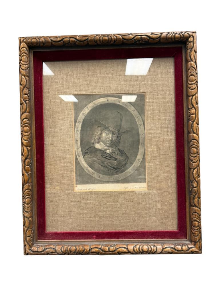 JACOB GOLE ETCHING AFTER ADRIAEN VAN OSTADE PORTRAIT OF DUTCH PPAINTER ADRIAEN VAN OSTADE: PORTRAIT OF A 17TH CENTURY GENRE PAINTER WEARING HAT, FRAMED 16" X 20" FRAME
