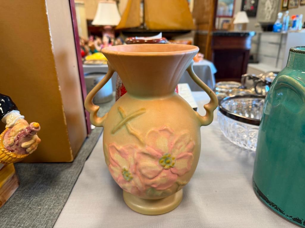 VINTAGE WELLER ART POOTTERY WILD ROSE DOUBLE HANDLED CERAMIC VASE CIRCA 1930'S - 2