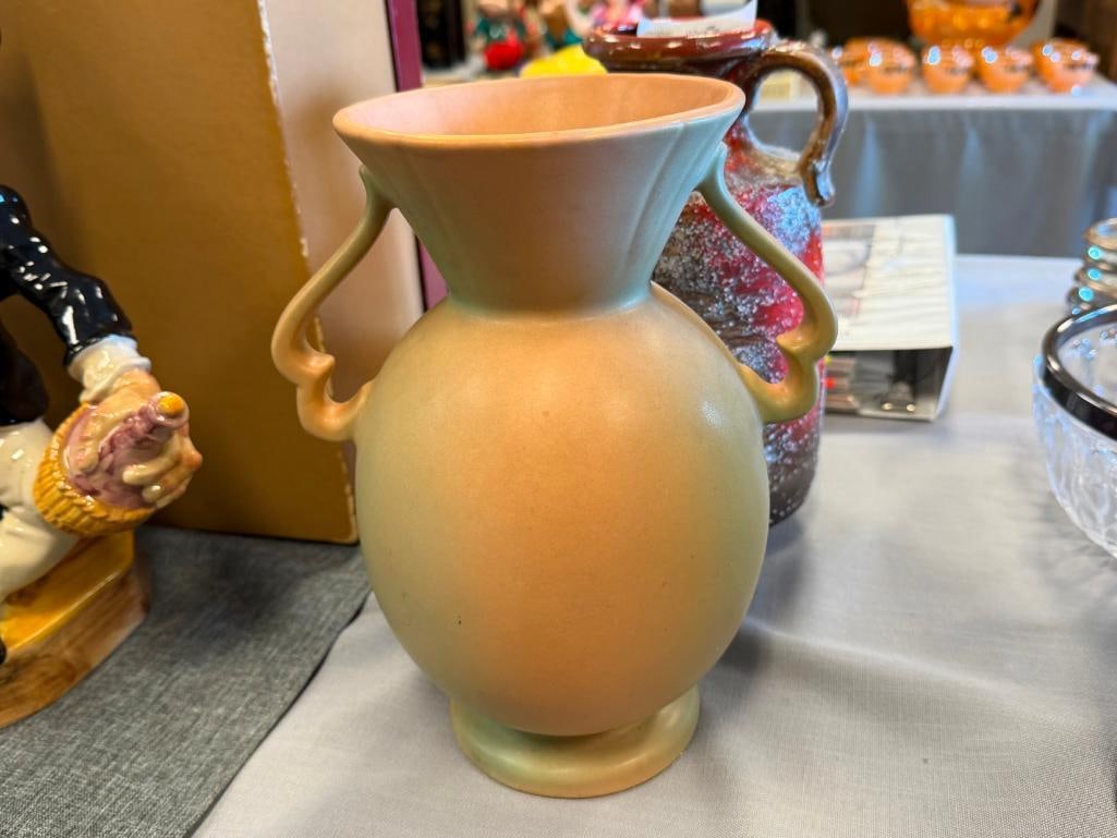VINTAGE WELLER ART POOTTERY WILD ROSE DOUBLE HANDLED CERAMIC VASE CIRCA 1930'S - 7