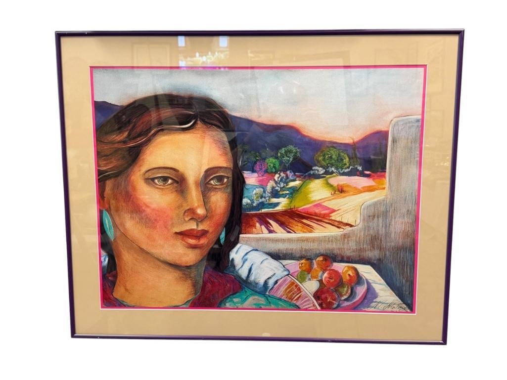 MIGUEL MARTINEZ TAOS, NM ARTIST SOUTHWESTERN 1987 LITHOGRAPH, SIGNED: ART DEPICTS VIBRANT STYLIZED PORTRAIT OF A WOMAN WITH LANDSCAPE, SIGNED BOTTOM CENTER, FRAMED 28 1/2" X 23" FRAME 