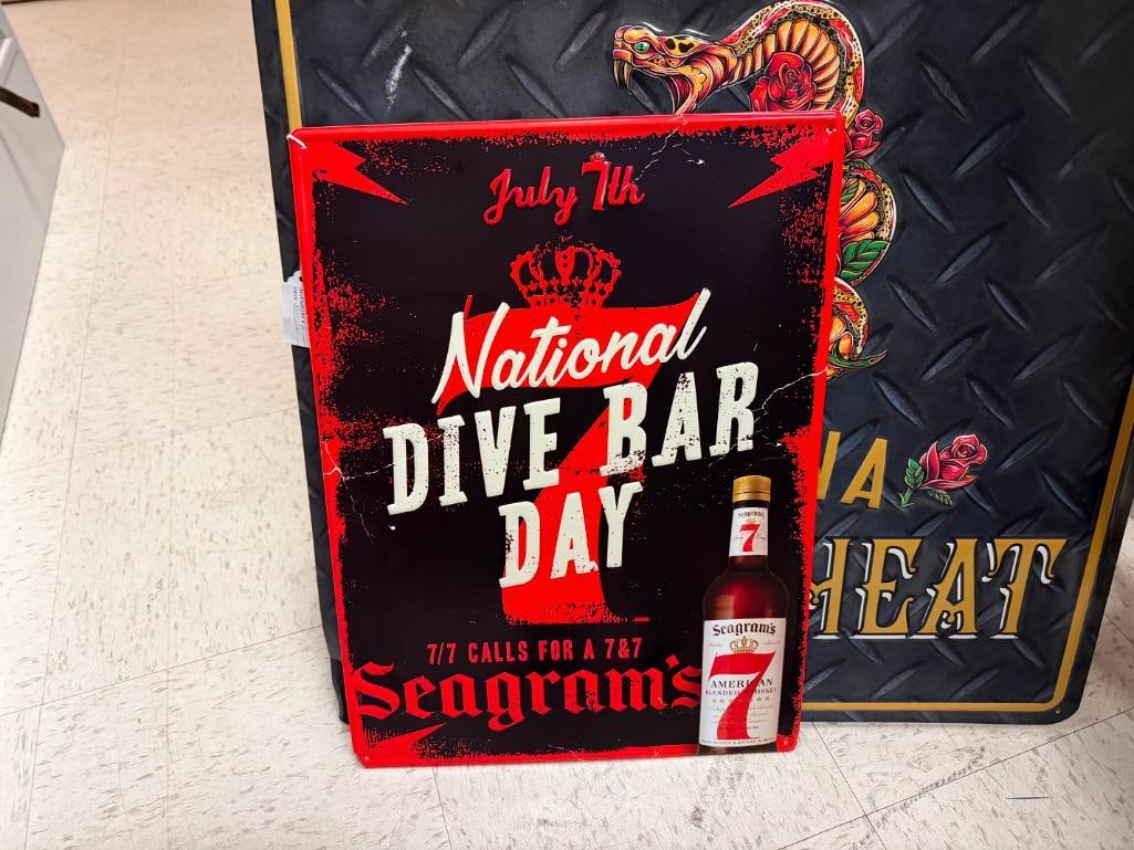 TIN METAL BAR SIGNS INCLUDING TIJUANA BRAND SWEETHEART AND JULY 7TH NATIONAL DIVE BAR DAY SEAGRAM... - 3
