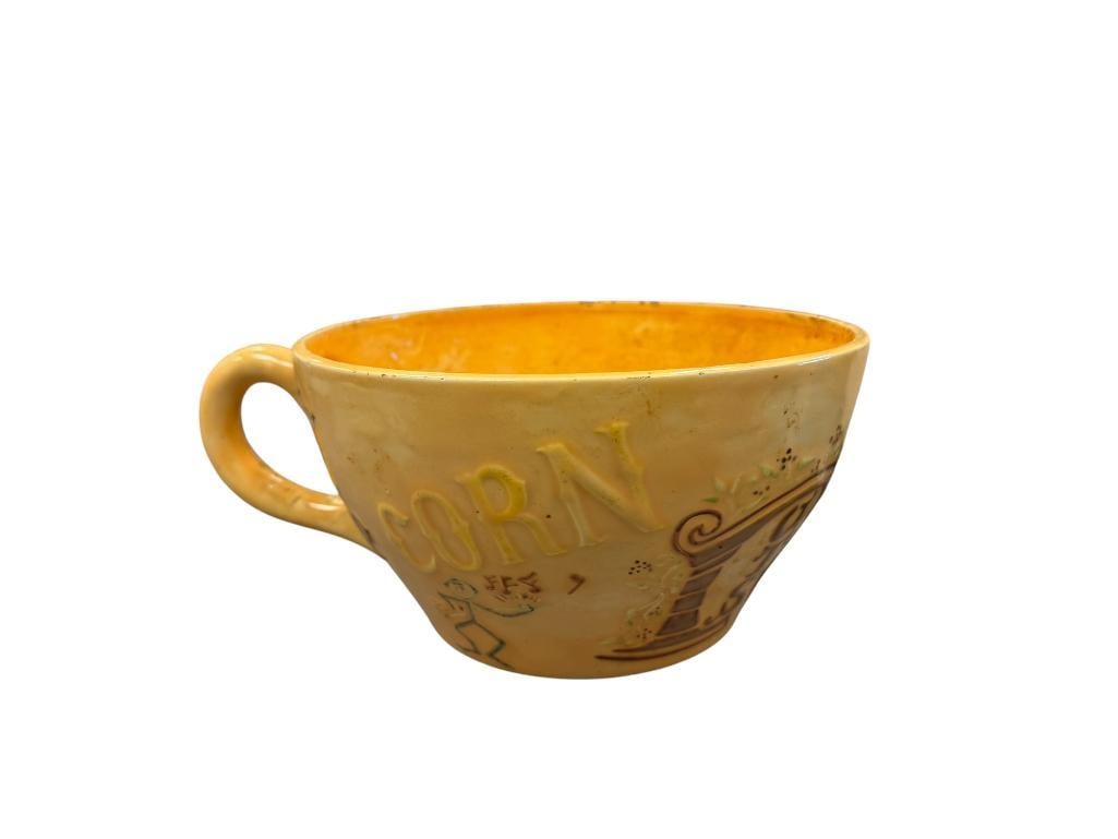 HOLLAND ART POTTERY CERAMIC WHIMSICAL SNACK BOWL, POPCORN, NUTS, PRETZELS, CHIPS: RELIEF FIGURES WITH HAND PAINTED ILLUSTRATIONS, MARKED ON THE BOTTOM 8 3/4" ROUND