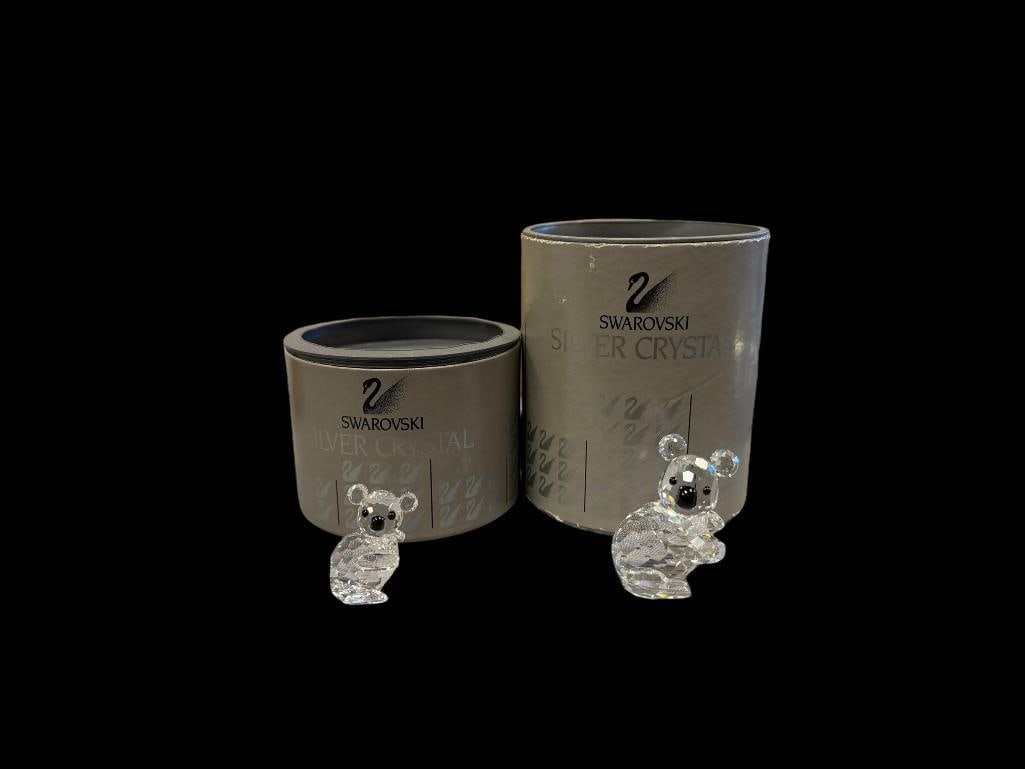 SWAROVSKI CRYSTAL MINIATURE AND SMALL KOALA FIGURINES 7673NR0040 / 7673NR0030: NEAR MINT CONDITION WITH CERTIFICATE BOOKLETS AND ORIGINAL STORAGE TUBES, NO CHIPS OR REPAIRS 1 1/4" AND 1 3/4" H