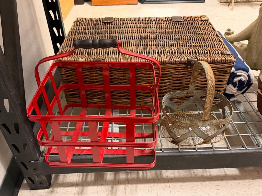 TWO METAL FRAME AND WIRE BASKETS INCLUDING ONE VINTAGE GALVANIZED METAL AND ONE FIRE ENGINE RED - 2