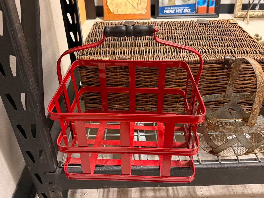 TWO METAL FRAME AND WIRE BASKETS INCLUDING ONE VINTAGE GALVANIZED METAL AND ONE FIRE ENGINE RED - 3