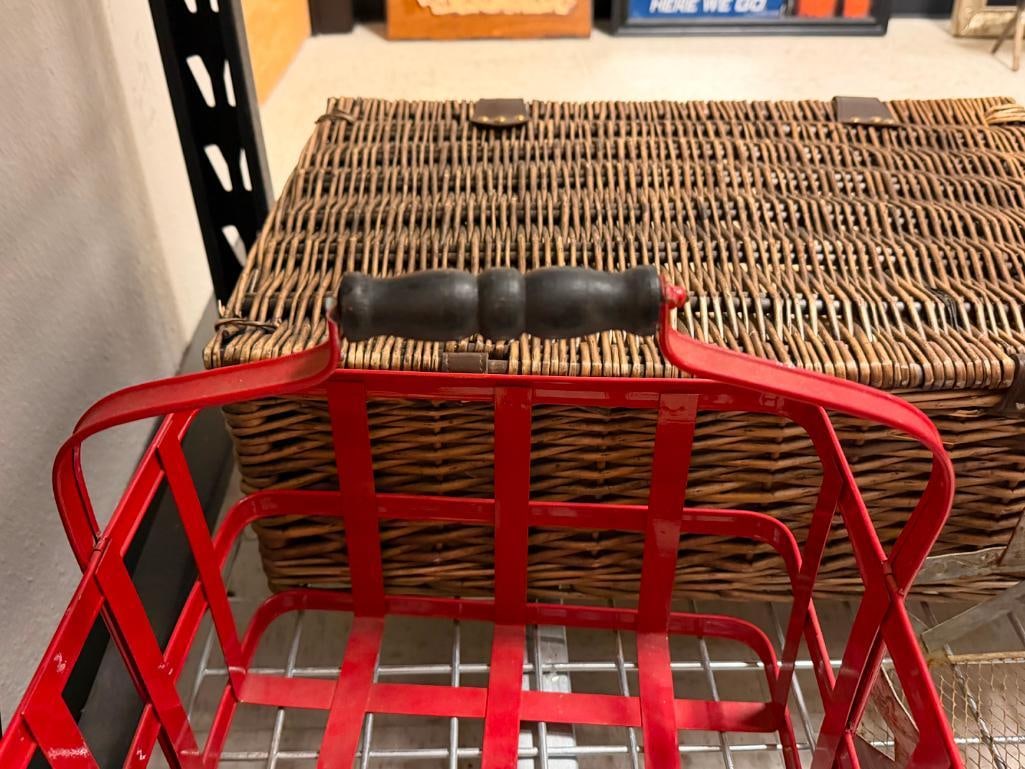 TWO METAL FRAME AND WIRE BASKETS INCLUDING ONE VINTAGE GALVANIZED METAL AND ONE FIRE ENGINE RED - 4