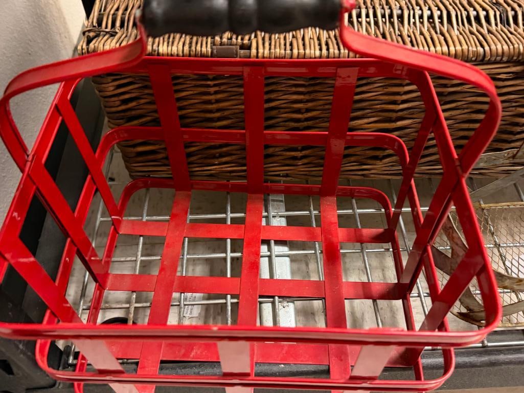TWO METAL FRAME AND WIRE BASKETS INCLUDING ONE VINTAGE GALVANIZED METAL AND ONE FIRE ENGINE RED - 5