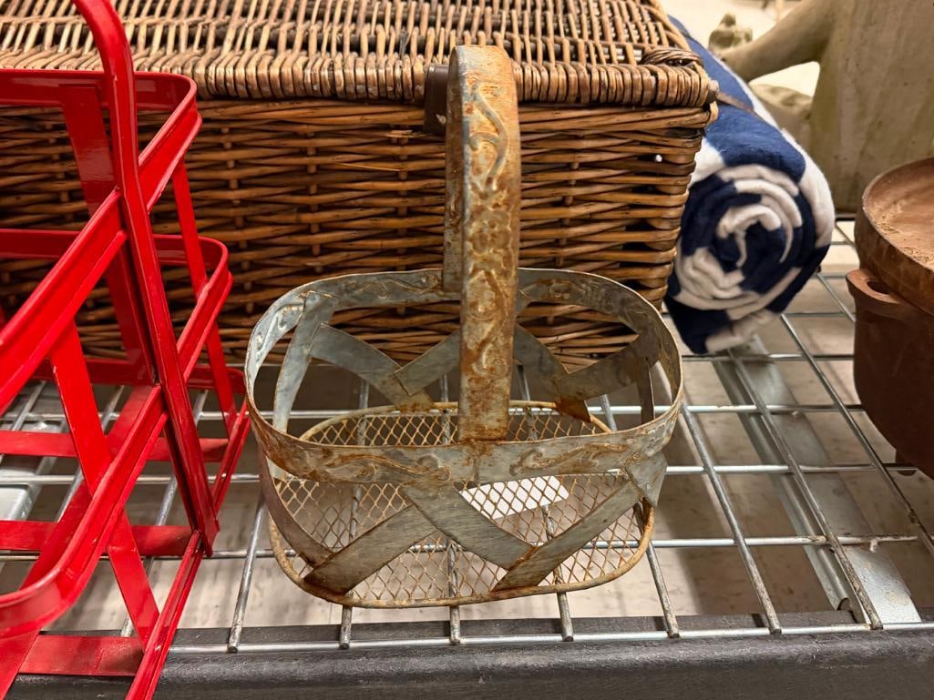 TWO METAL FRAME AND WIRE BASKETS INCLUDING ONE VINTAGE GALVANIZED METAL AND ONE FIRE ENGINE RED - 6