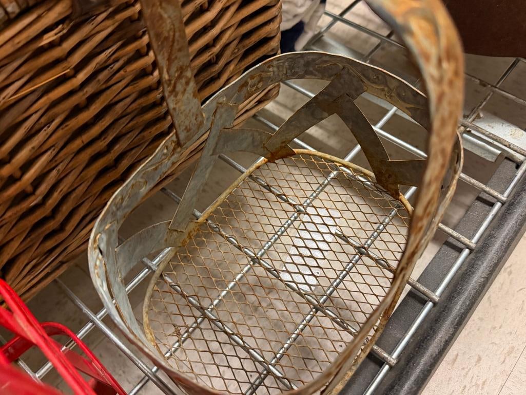 TWO METAL FRAME AND WIRE BASKETS INCLUDING ONE VINTAGE GALVANIZED METAL AND ONE FIRE ENGINE RED - 7
