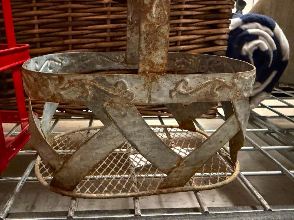 TWO METAL FRAME AND WIRE BASKETS INCLUDING ONE VINTAGE GALVANIZED METAL AND ONE FIRE ENGINE RED - 8