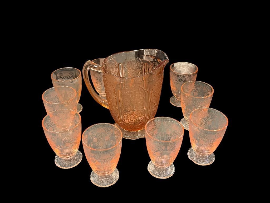 VINTAGE PINK DEPRESSION GLASS JEANETTE CHERRY BLOSSOM PITCHER HAZEL ATLAS FLORENTINE FOOTED TUMBL... (1 of 15)