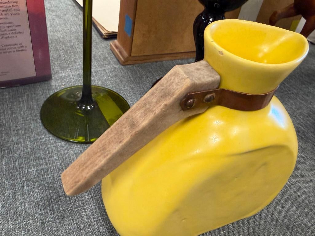 MID-CENTURY CERAMIC YELLOW GLAZED CARAFE WITH WOOD HANDLE ATTACHED BY COPPER BAND - 3