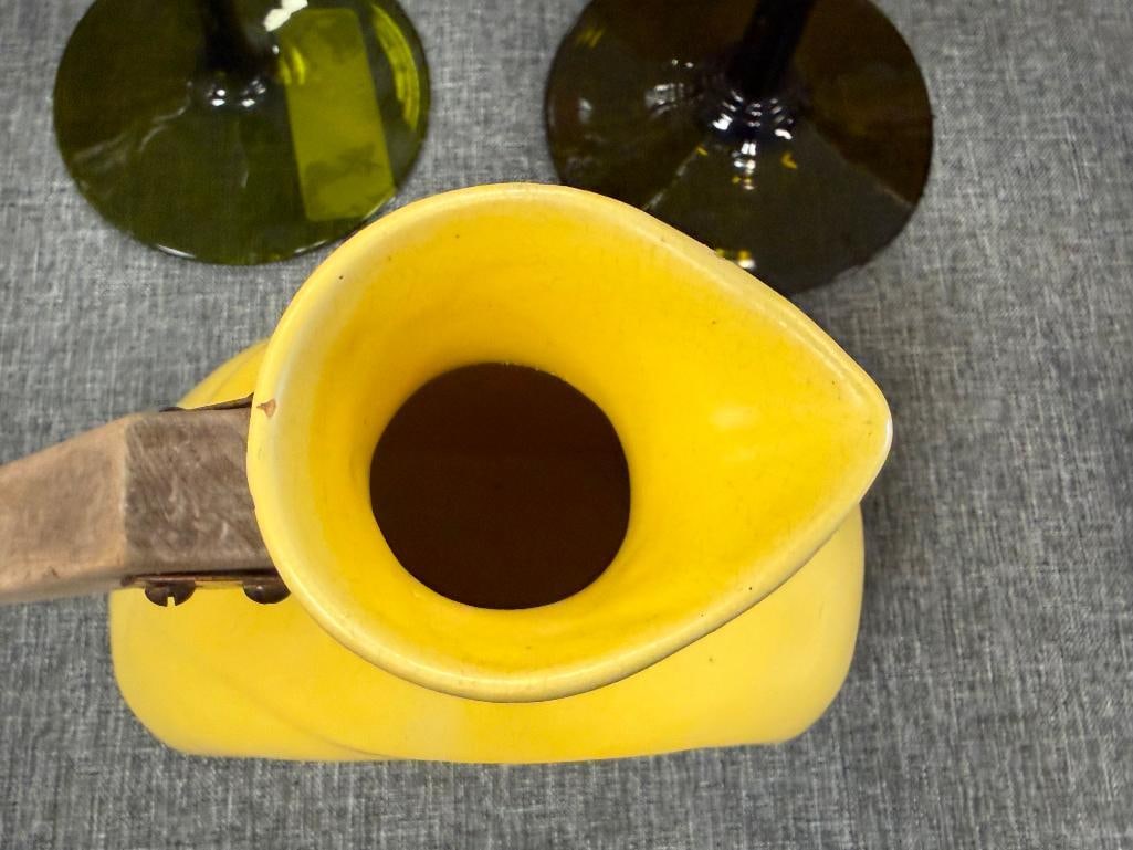 MID-CENTURY CERAMIC YELLOW GLAZED CARAFE WITH WOOD HANDLE ATTACHED BY COPPER BAND - 4