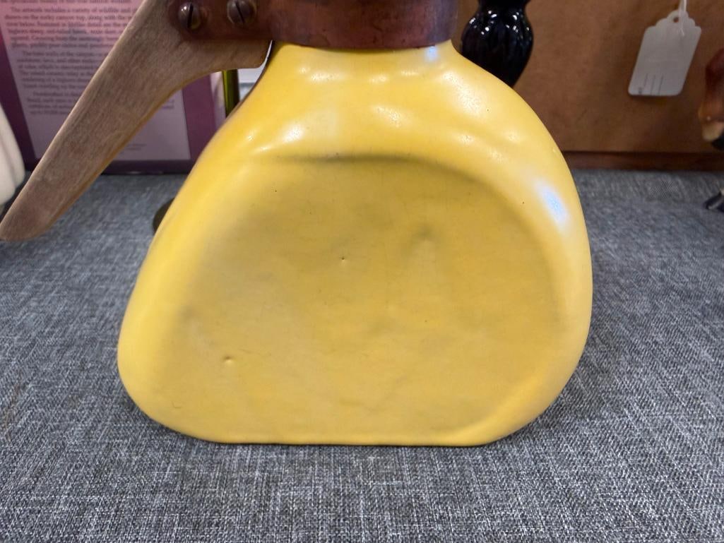 MID-CENTURY CERAMIC YELLOW GLAZED CARAFE WITH WOOD HANDLE ATTACHED BY COPPER BAND - 5