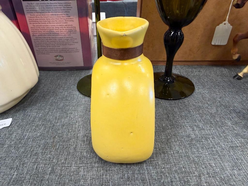 MID-CENTURY CERAMIC YELLOW GLAZED CARAFE WITH WOOD HANDLE ATTACHED BY COPPER BAND - 6