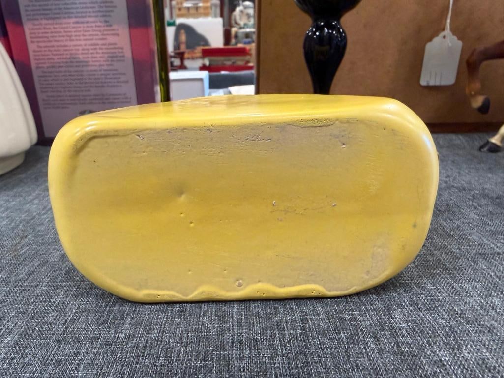 MID-CENTURY CERAMIC YELLOW GLAZED CARAFE WITH WOOD HANDLE ATTACHED BY COPPER BAND - 7