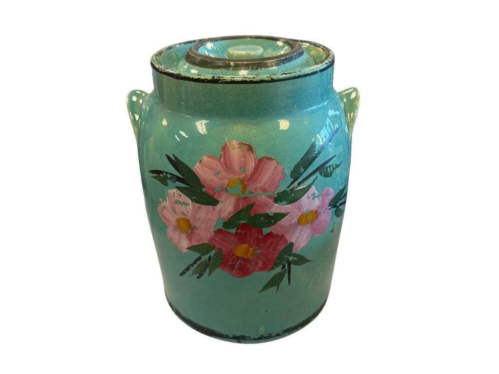 VINTAGE STONEWARE POTTERY CROCK SHAPED COOKIE JAR WITH HAND PAINTED FLORAL MOTIF (1 of 11)