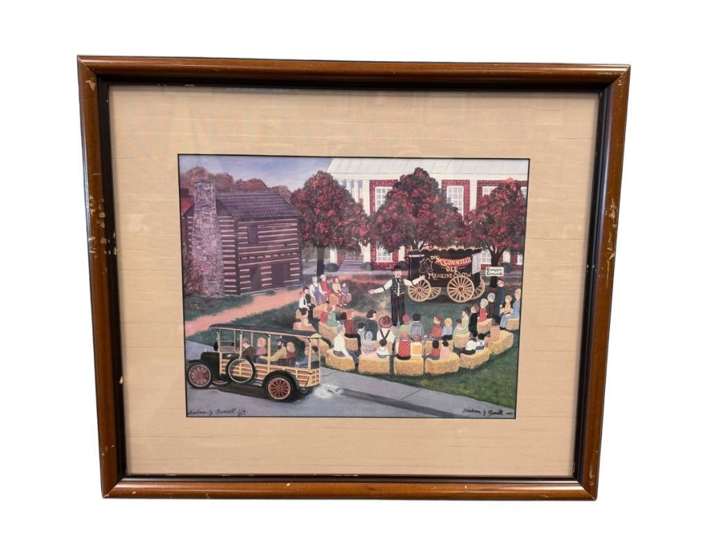 BARBARA J. FERRELL LIMITED EDITION PRINT DOC MCCONNELL'S OLD MEDICINE SHOW NO. 176/500: SIGNED LOWER LEFT, FRAMED 20 1/2" X 17 1/2" FRAME