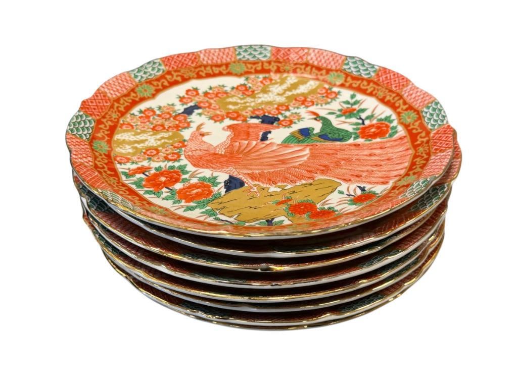 ARITA IMARI PEACOCK PORCELAIN CHINA DINNER PLATES SET OF 8: TRADITIONAL DESIGN JAPANESE PORCELAIN DINNER PLATES WITH PEACOCKS AND DECORATIVE RIM WITH GILT ACCENTS, NO CHIPS OR CRACKS 10" ROUND