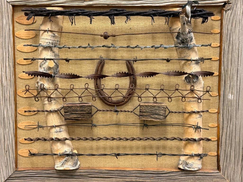 RUSTIC WESTERN DISPLAY FEATURING TEN DIFFERENT TYPES OF BARBWIRE FROM THE LATE 1800'S - 2