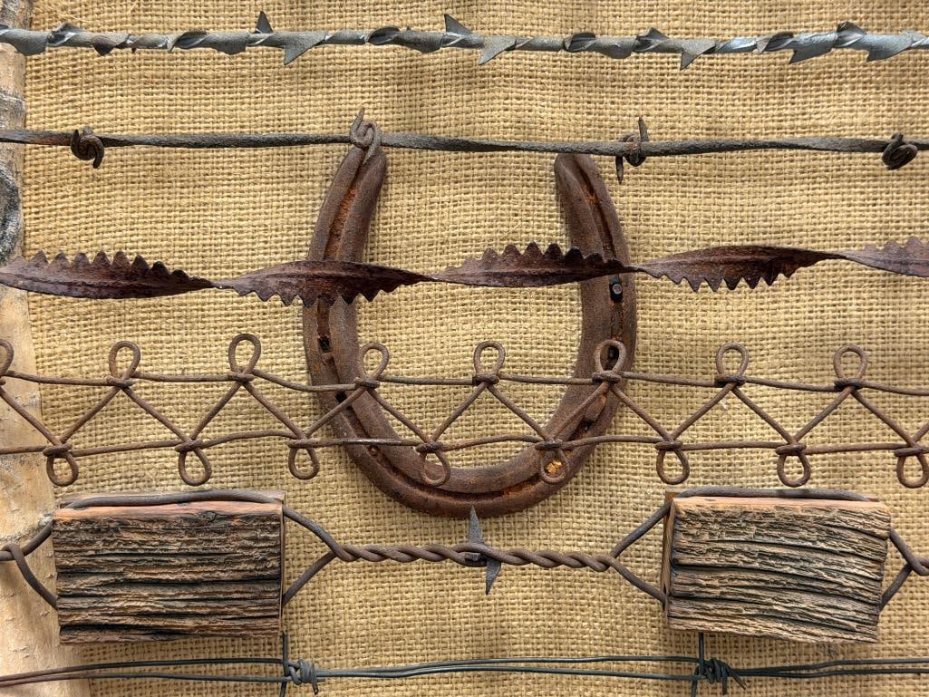RUSTIC WESTERN DISPLAY FEATURING TEN DIFFERENT TYPES OF BARBWIRE FROM THE LATE 1800'S - 3