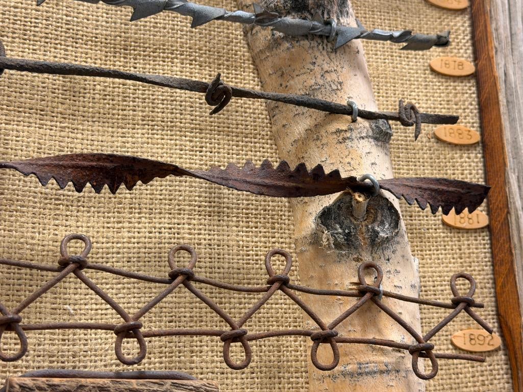 RUSTIC WESTERN DISPLAY FEATURING TEN DIFFERENT TYPES OF BARBWIRE FROM THE LATE 1800'S - 5
