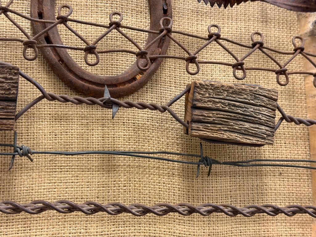 RUSTIC WESTERN DISPLAY FEATURING TEN DIFFERENT TYPES OF BARBWIRE FROM THE LATE 1800'S - 6