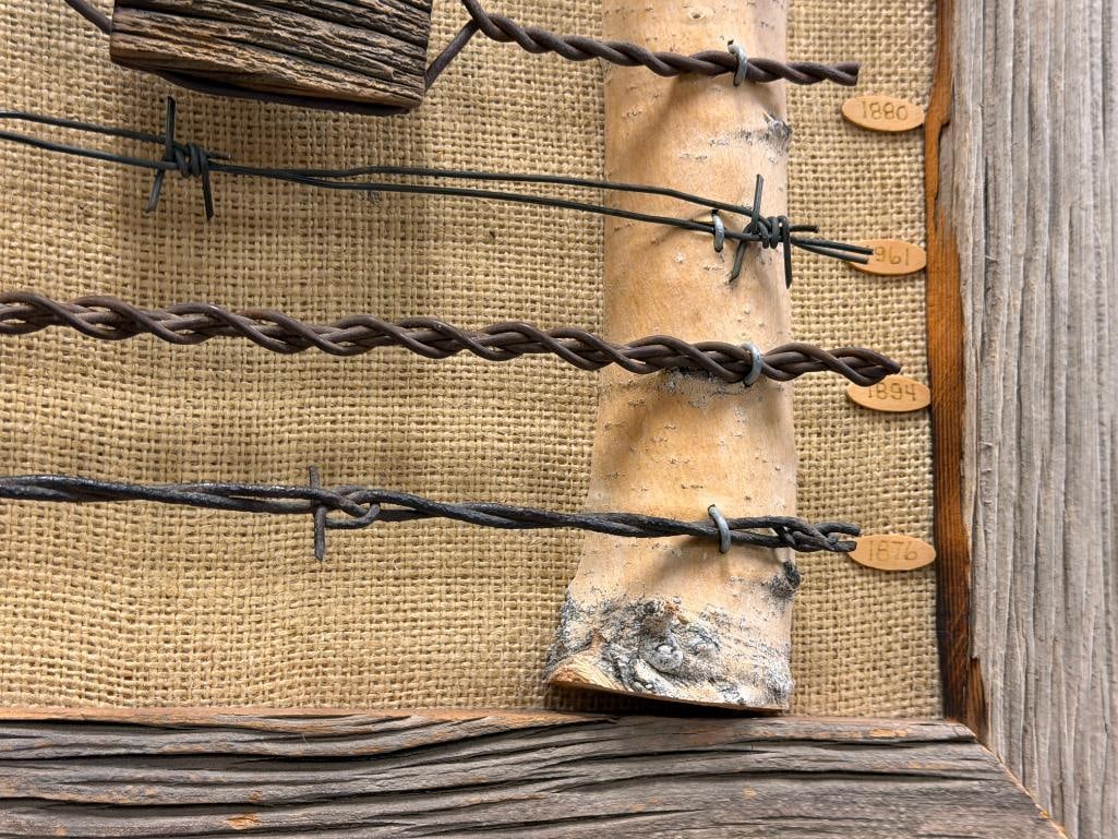 RUSTIC WESTERN DISPLAY FEATURING TEN DIFFERENT TYPES OF BARBWIRE FROM THE LATE 1800'S - 7