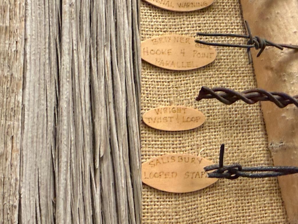 RUSTIC WESTERN DISPLAY FEATURING TEN DIFFERENT TYPES OF BARBWIRE FROM THE LATE 1800'S - 9