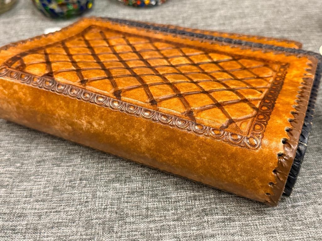 THREE HAND CRAFTED LEATHER BOOK COVERS WITH DIFFERENT DESIGNS - 4