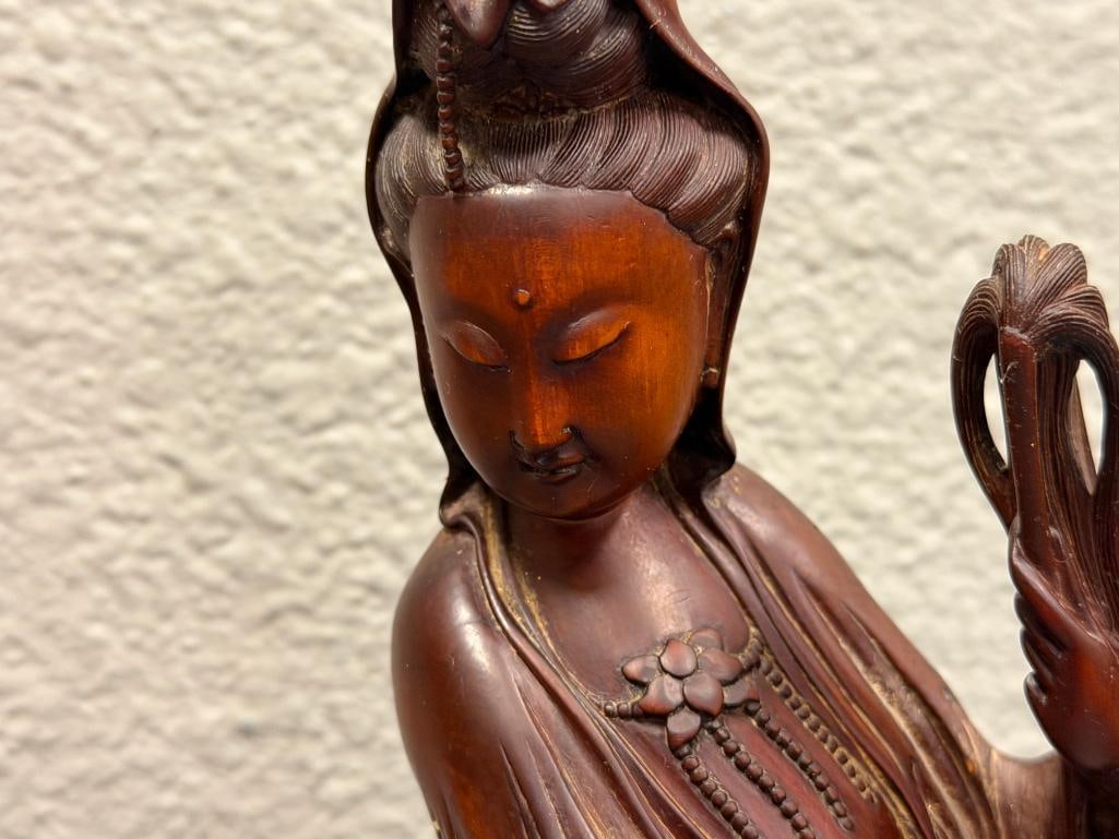 ANTIQUE CARVED WOOD CHINESE WOODEN STATUE DEPICTING GUANYIN KWAN YIN WITH CHILD AND DRAGON BASE - 3