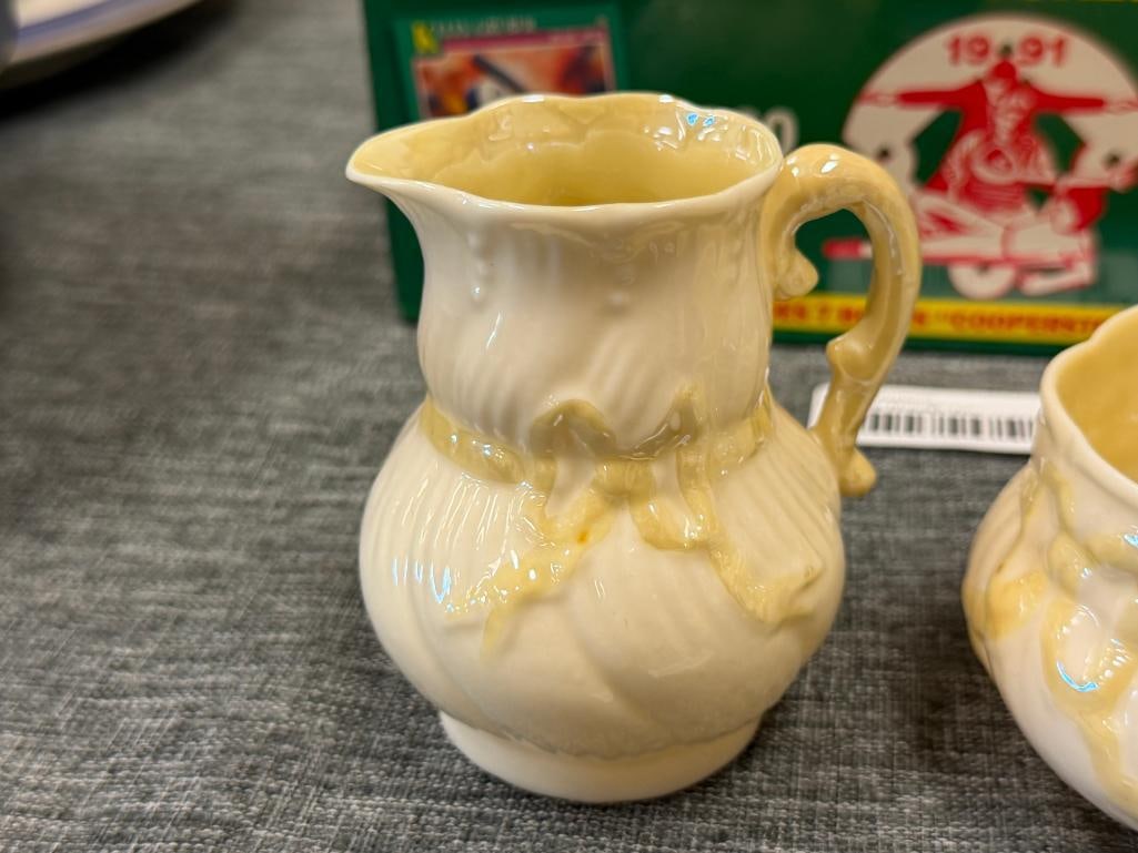 BELLEEK FINE PARIAN CHINA MATCHING CREAMER AND SUGAR RIBBON AND BOW BLACK LABEL - 2